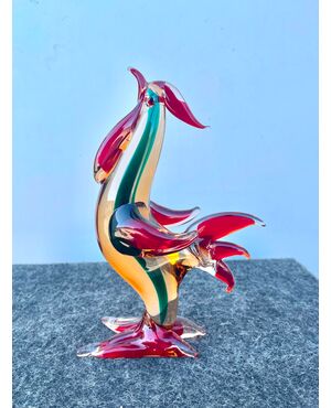 Rooster in sommerso straw and red glass with green inclusion.Aldo Nason.Murano.     