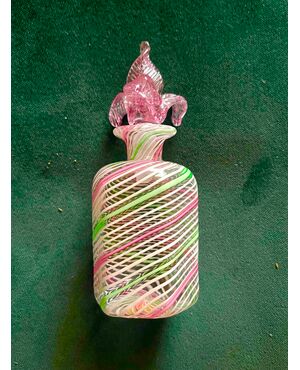 Milky-green-pink half-filigree glass perfume bottle and cap with leaf motifs.Cenedese Murano.     