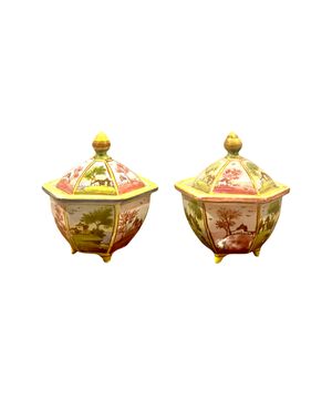 Pair of tripod favors with lid, hexagonal shaped decorated with landscapes and architectures, Cevenini-Schiassi inscription and initials Minghetti, Bologna.     