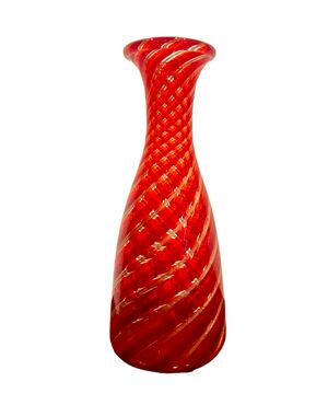 Everted mouth blown glass vase with red spirals and aventurine.Toso, Murano.     