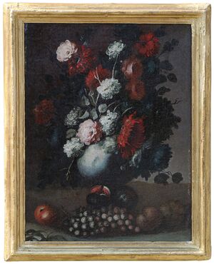 PITTORE ROMANO del XVII secolo – “Natura morta con fiori e frutta”