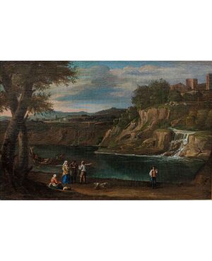 18th century, Landscape with figures on the bank of a river     
