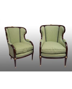 Pair of antique French Napoleon III armchairs in mahogany with gilt bronze applications. Period 19th century.     