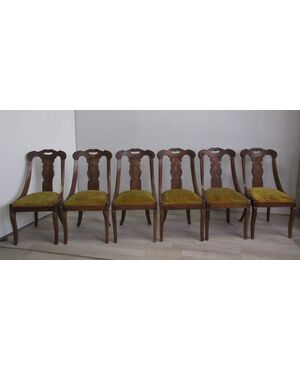 Gruppo di sei sedie a gondola stile Carlo X in noce - restaurazione . primi 900