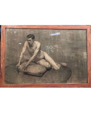 Disegno a carboncino di nudo maschile firmato “A. Peluzzi”