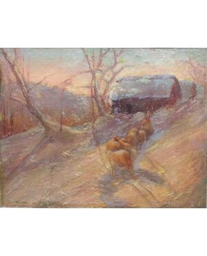 Winter painting with sheep     