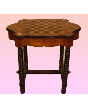 Antico tavolino del 1800 in radica con scacchiera e intarsi floreali