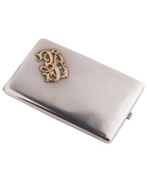 Antique Italian cigar holder in silver with gold initials     