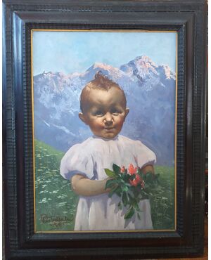 Portrait of little girl with mountain flowers     