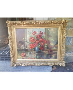 Large painting Vase with roses, golden frame '900