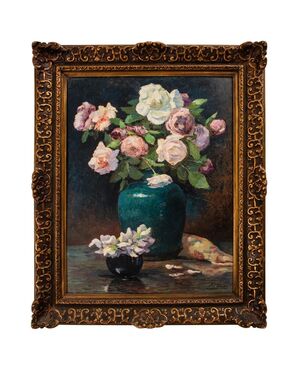 &quot;Roses in vase on the table&quot; French painting     