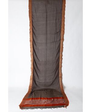 Antique Indian Sari brown color, brick red and gold border     