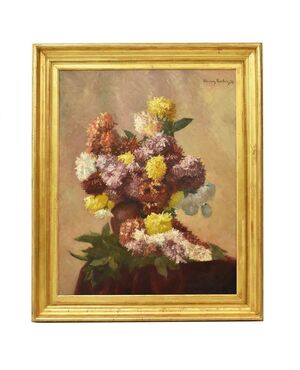 ANCIENT PAINTINGS, VASE WITH PAINTED FLOWERS ON CANVAS, PEONIES, OIL ON CANVAS, XIX CENTURY. (QF158)