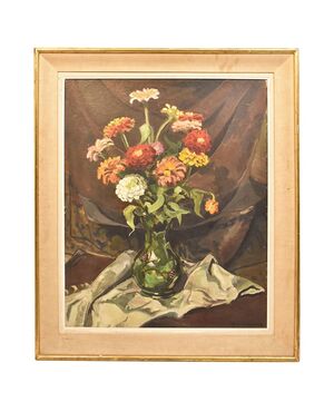 FLOWER PICTURES, EARLY 20TH CENTURY, VASE OF ZINNIE, OIL ON FAESITE. (QF248)