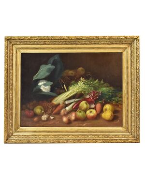 STILL LIFE VEGETABLES AND FRUITS, OIL PAINTING ON CANVAS, PAINTERS 800. (QNM165)