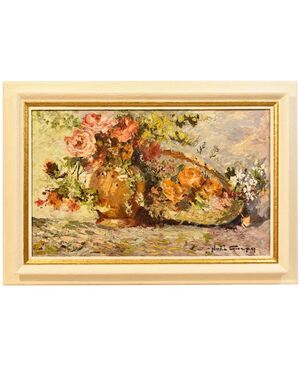 PAINTINGS STILL LIFE FLOWERS, VASE OF ROSES, OIL ON TABLE, 1900s. (QF207)