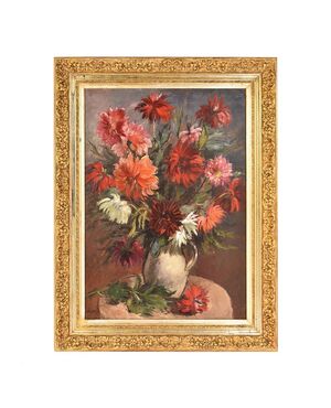 ART DECO PAINTINGS WITH FLOWERS, BUNCH OF DALIE, OIL ON CANVAS, EARLY 20TH CENTURY. (QF07)     