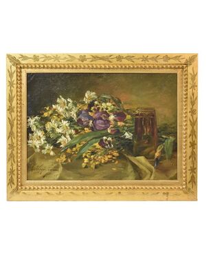 ANCIENT PAINTINGS, STILL LIFE WITH FLOWERS, IRIS AND DAISIES, EARLY 1900s. (QF185)