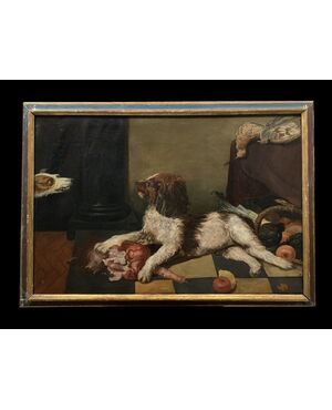 Scuola fiamminga (XVIII secolo) - Grande natura morta con cani