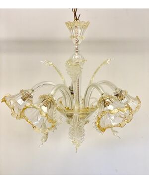Murano chandelier five lights. Glass and gold 20th century     
