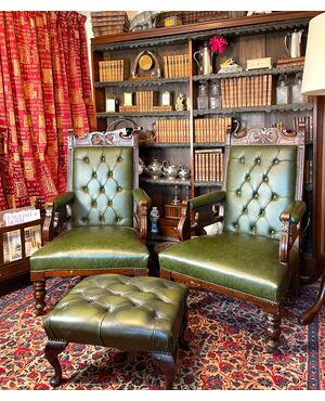 Pair of armchairs with green leather     
