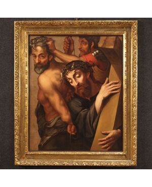 Antico dipinto italiano religioso Cristo portacroce del XVII secolo