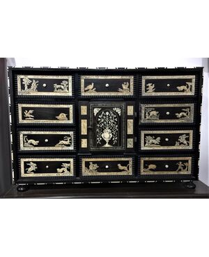 Violet ebony and rosewood coin cabinet with ivory inlays