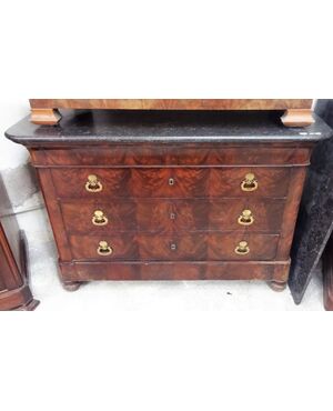 Antique chest of drawers in mahogany feather with black Belgian marble top