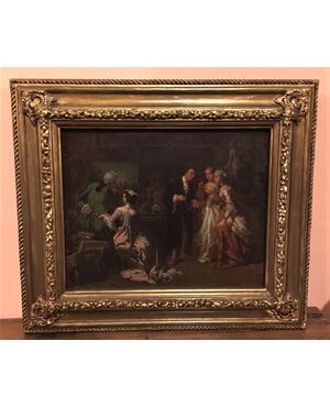 Oil painting on canvas raff. aristocratic scene inside an antiquarian