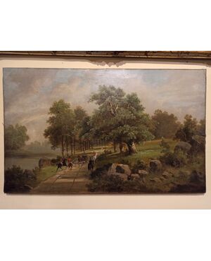 Oil painting on canvas depicting an English noble hunting scene