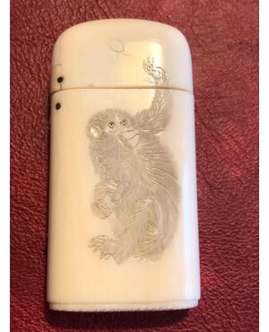 Ivory matchbox with engraved monkeys. Japan.     