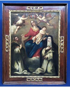 Large oil painting on canvas &quot;Madonna del Rosario&quot; - Sicilian school seventeenth century.     