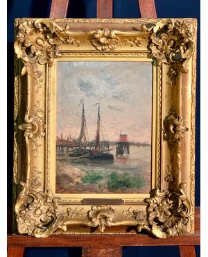 PAINTING DEPICTING BOATS SIGNED ROMAIN STEPPE - XIX CENTURY