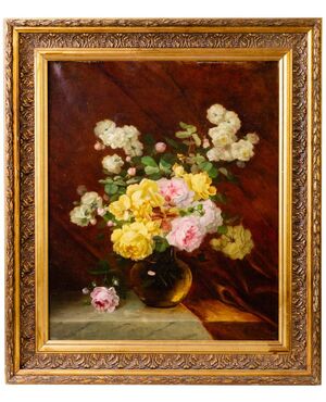 Oil painting on canvas &quot;vase of roses&quot; - O / 8157     