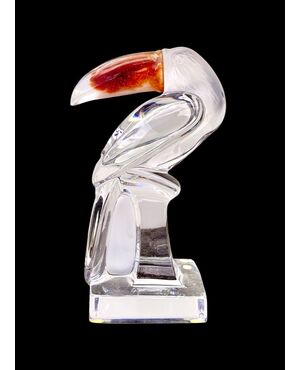Toucan in transparent glossy crystal and beak in corroded and colored paste. Daum, France.     