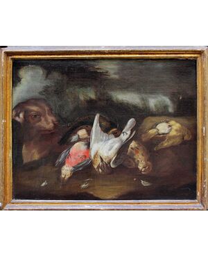 Game with dog, Baldassarre De Caro, 18th century, Oil painting on canvas