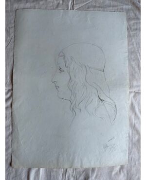Pencil drawing on paper, Renaissance woman profile Arturo Pietra, Bologna, 1900.     
