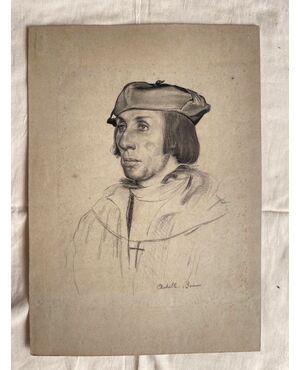 Pencil drawing on paper with the face of a young Renaissance man from Achille Briani, Bologna.     