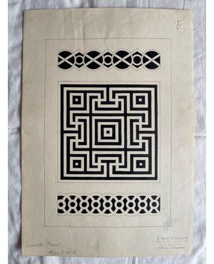 Ink drawing on paper depicting geometric motifs Signed by Mario Leonardi, 1915.     