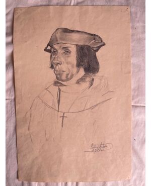 Pencil drawing on paper with the face of a young Renaissance man, Arturo Pietra, Bologna 1900.     