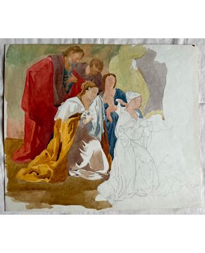 Drawing-sketch in watercolor in pencil on paper with the Holy Family. (Arturo Pietra archive). Bologna.