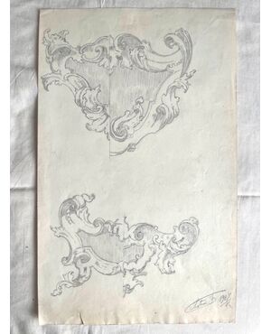 Pencil drawing on paper with a sketch of rocaille motifs.Signed by F. Pietra.     
