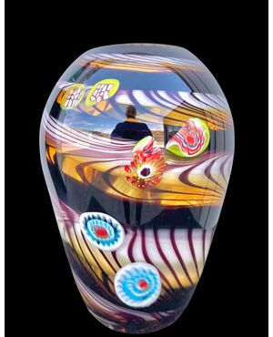 Heavy sommerso glass vase with polychrome inclusions and murrine.Barovier and Toso manufacture.Murano.     