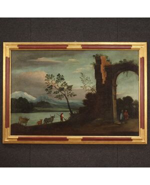 Antique Italian painting landscape with ruins from 18th century