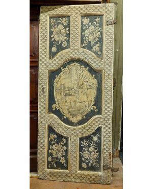 ptl582 - lacquered and painted door, 18th century, cm l 92 xh 220     