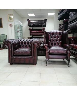Chesterfield club armchair and Queen Anne chesterfield armchair in antique burgundy red leather of new construction     