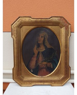 OIL PAINTING ON CANVAS WITH GOLDEN FRAME MADONNA AGE 800 L 48xH58     