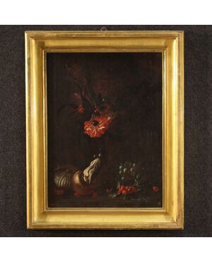 Antique 17th century still life with flowers and fruit