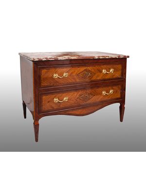 Antique Louis XVI Neapolitan chest of drawers in precious exotic woods with marble top. Period XVIII century.     