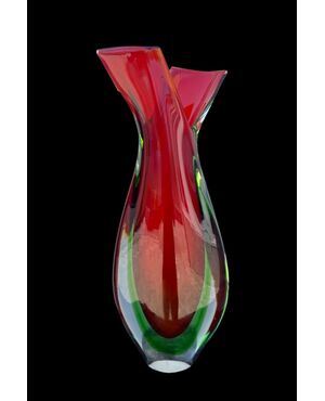 Vaso in vetro pesante sommerso rosso-verde.Flavio Poli,Seguso.Murano.